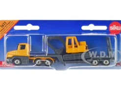 Truck with Low Loader Trailer and Excavator Yellow Diecast Model Siku 1611