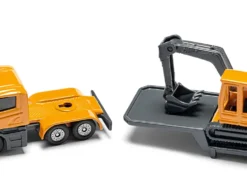 Truck with Low Loader Trailer and Excavator Yellow Diecast Model Siku 1611
