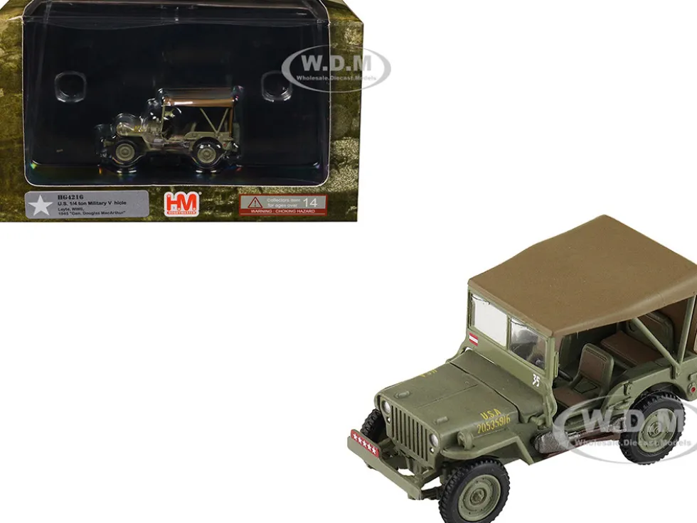 U.S. 1/4 ton Military Vehicle Olive Drab "Gen. Douglas MacArthur, Leyte, WWII" (1945) United States Army "Ground Power Series" 1/72 Diecast Model by Hobby Master