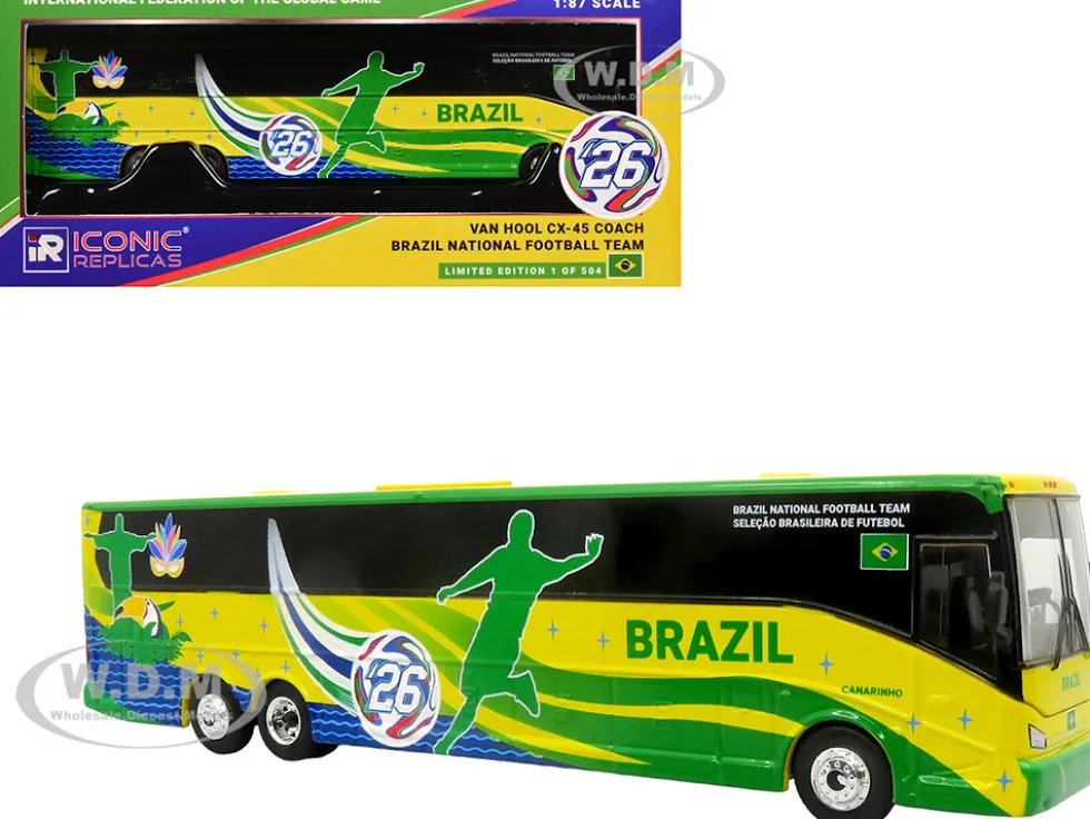 Van Hool CX-45 Coach Bus "Brazil National Football Team" Yellow and Green with Graphics "International Federation of the Global Game" Series Limited Edition to 504 pieces Worldwide 1/87 (HO) Diecast Model by Iconic Replicas