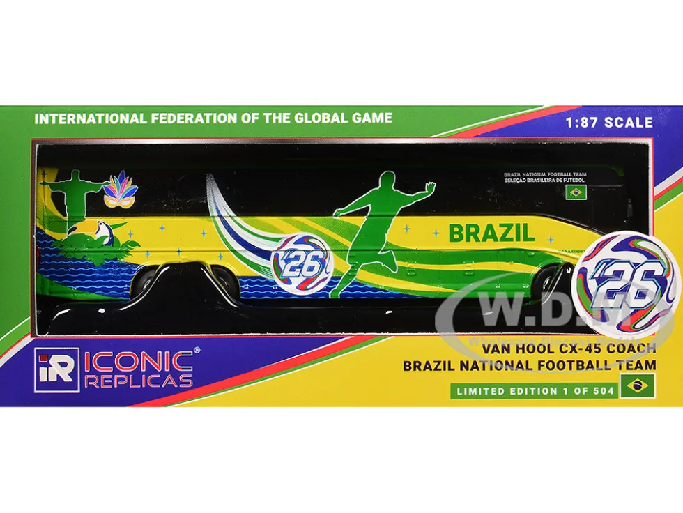 Van Hool CX-45 Coach Bus "Brazil National Football Team" Yellow and Green with Graphics "International Federation of the Global Game" Series Limited Edition to 504 pieces Worldwide 1/87 (HO) Diecast Model by Iconic Replicas