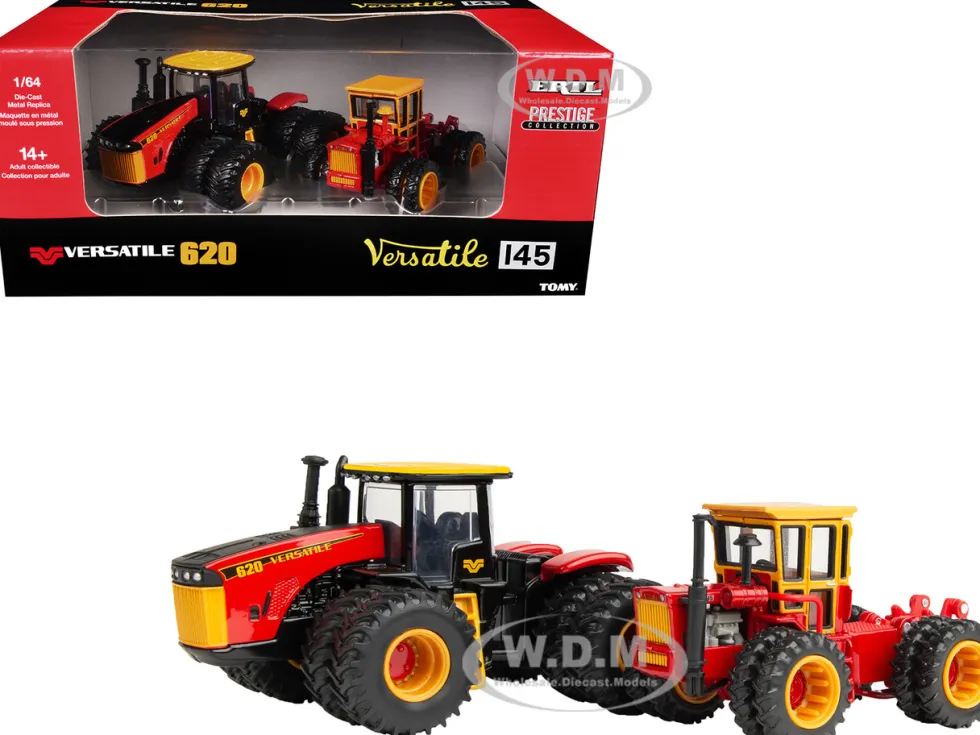 Versatile 620 Tractor Black and Red with Yellow Top and Versatile 145 Tractor Red with Yellow Cabin Set of 2 Tractors "Prestige Collection" 1/64 Diecast Models by ERTL TOMY