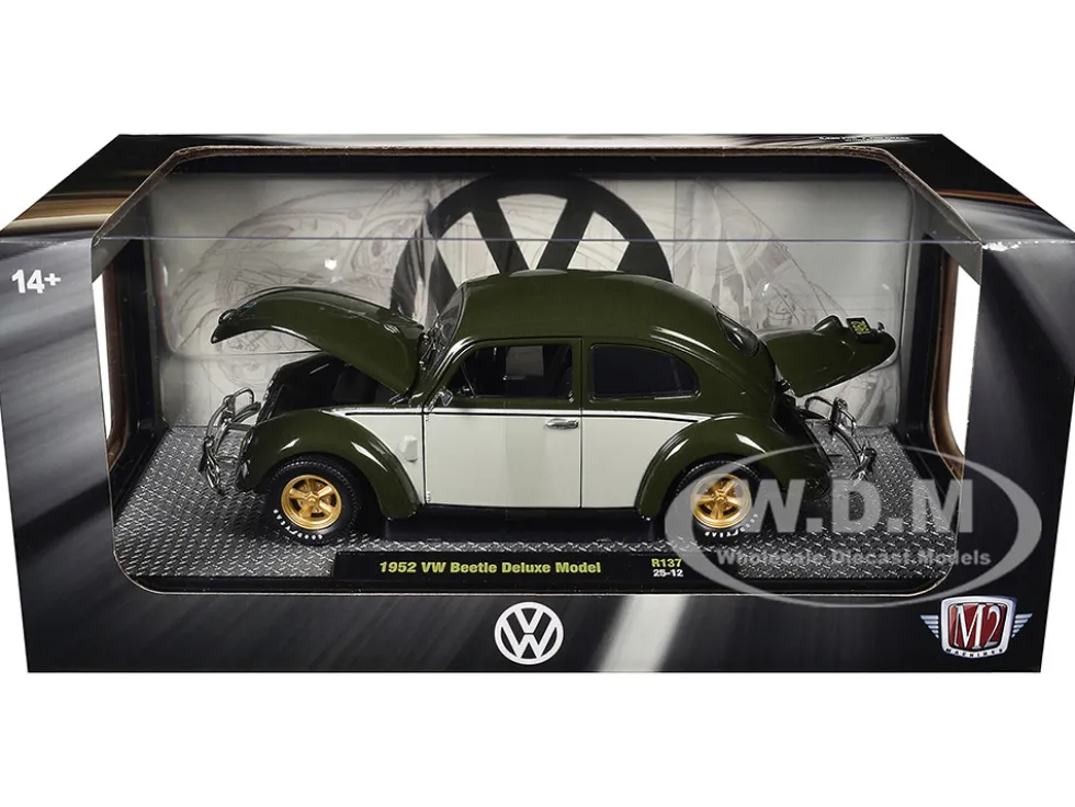 1952 Volkswagen Beetle Deluxe Model Dark Green with Beige Sides Limited Edition to 5250 pieces Worldwide 1/24 Diecast Model Car by M2 Machines