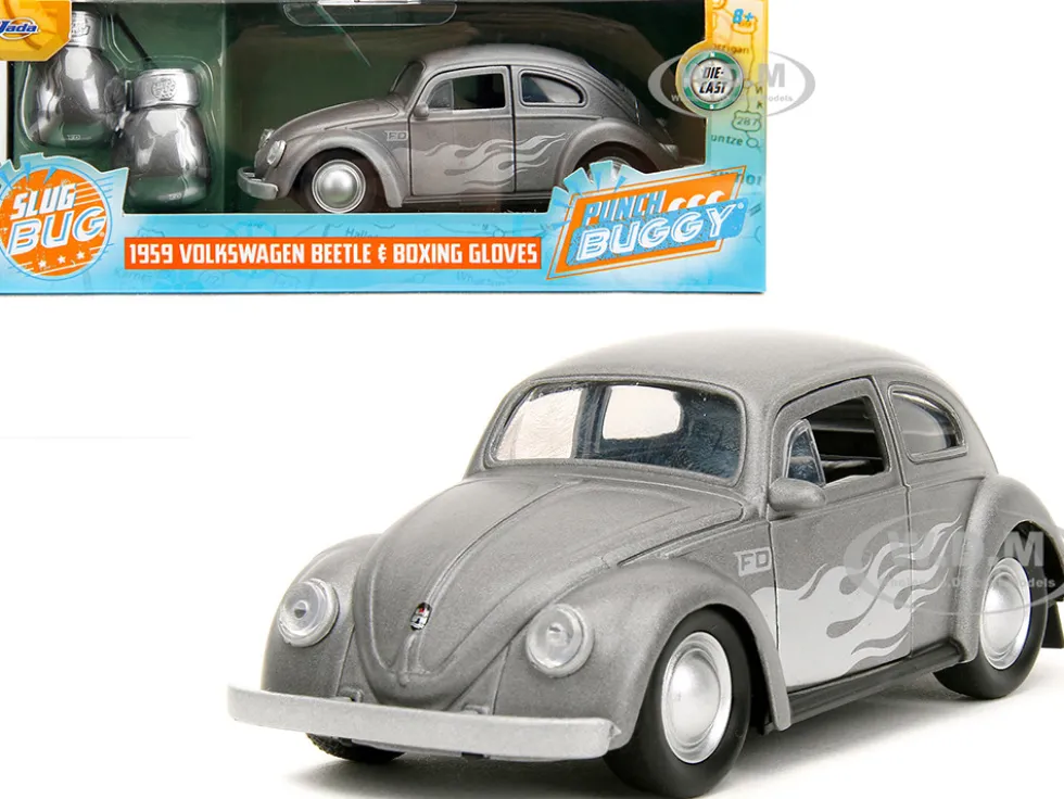1959 Volkswagen Beetle Gray Metallic with Silver Flames and Boxing Gloves Accessory Punch Buggy Series 1/32 Diecast Model Car Jada JA34235