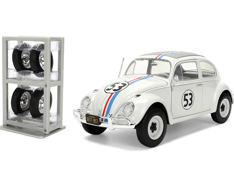 Volkswagen Beetle #53 "Herbie" White with Stripes "The Love Bug" (1968) Movie with Extra Wheels 1/24 Diecast Model Car by Jada
