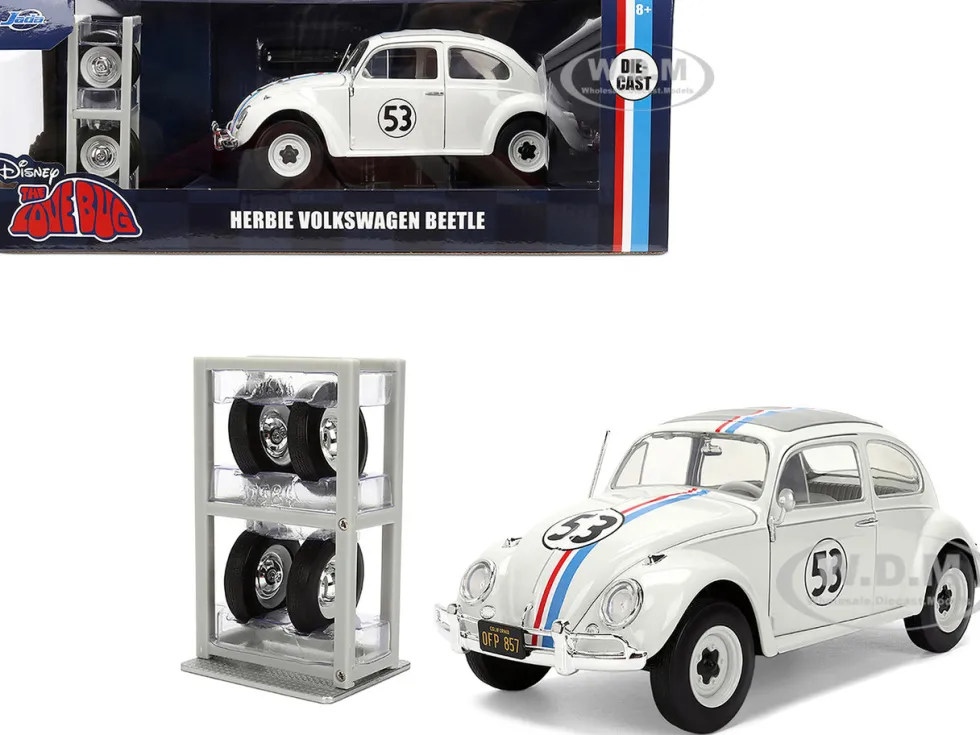Volkswagen Beetle #53 "Herbie" White with Stripes "The Love Bug" (1968) Movie with Extra Wheels 1/24 Diecast Model Car by Jada