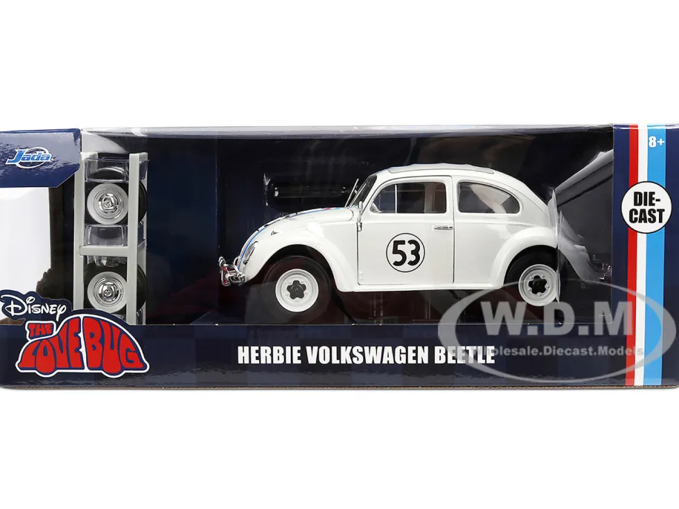 Volkswagen Beetle #53 "Herbie" White with Stripes "The Love Bug" (1968) Movie with Extra Wheels 1/24 Diecast Model Car by Jada