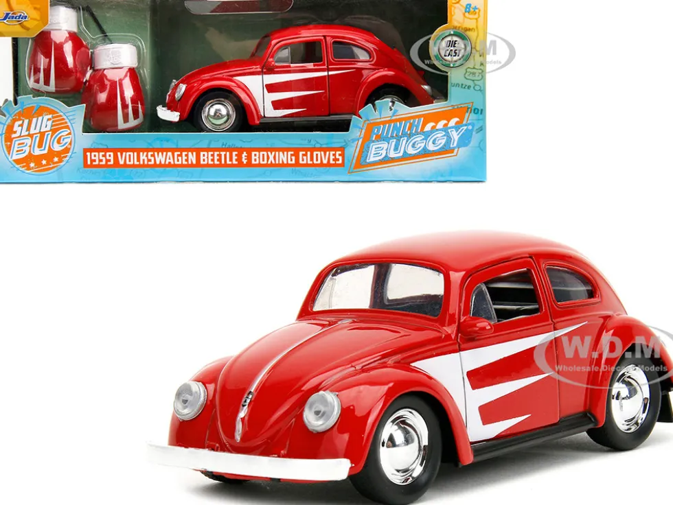 1959 Volkswagen Beetle Red with White Graphics and Boxing Gloves Accessory Punch Buggy Series 1/32 Diecast Model Car Jada 34236