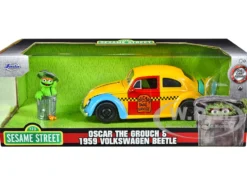 1959 Volkswagen Beetle Taxi Yellow Blue Oscar's Taxi Service Oscar Grouch Diecast Figure Sesame Street Hollywood Rides Series 1/24 Diecast Model Car Jada 32801