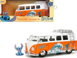 1961 Volkswagen Bus "Catching Waves" White and Orange with Stich Diecast Figure "Disney's Stitch" "Hollywood Rides" Series 1/24 Diecast Model by Jada