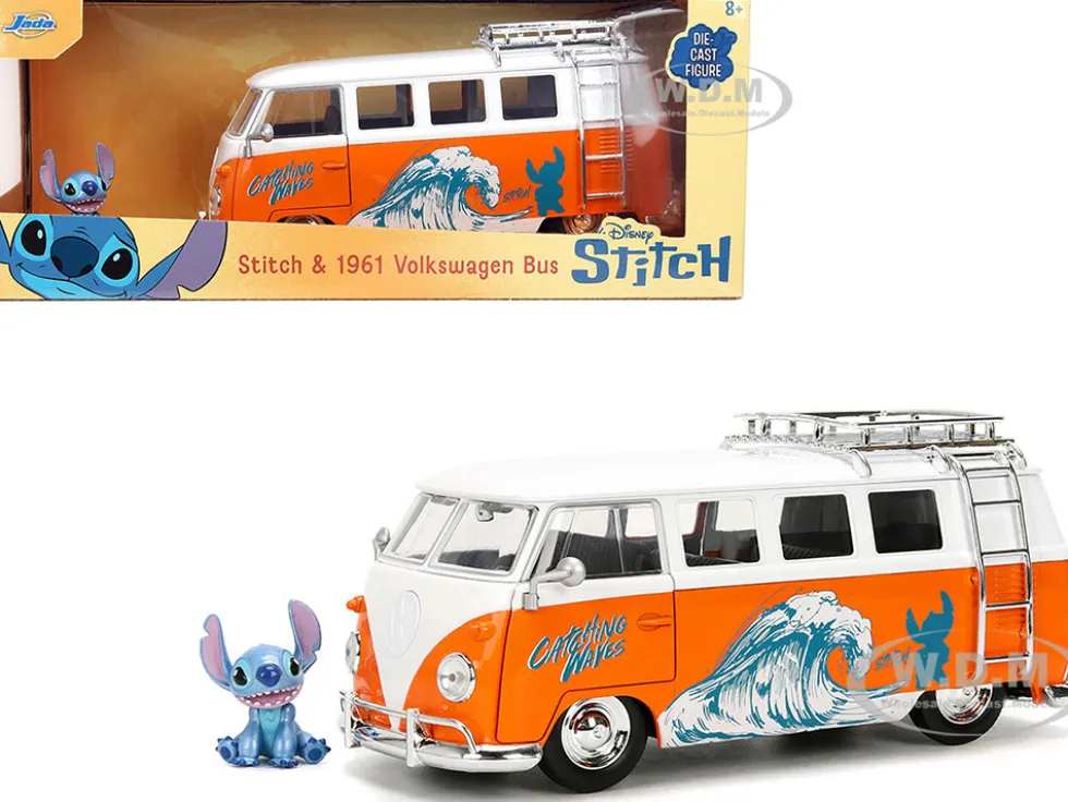 1961 Volkswagen Bus "Catching Waves" White and Orange with Stich Diecast Figure "Disney's Stitch" "Hollywood Rides" Series 1/24 Diecast Model by Jada
