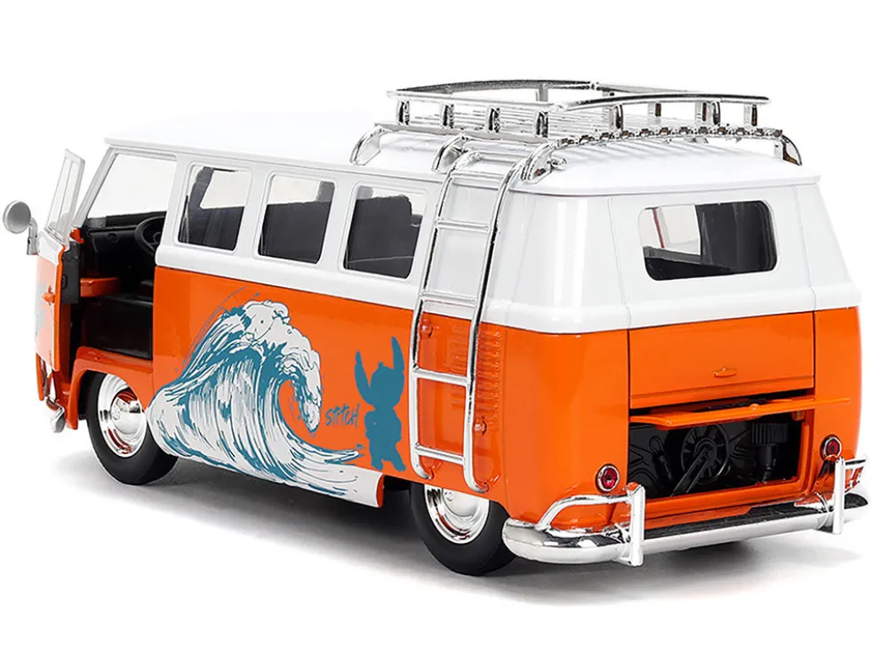 1961 Volkswagen Bus "Catching Waves" White and Orange with Stich Diecast Figure "Disney's Stitch" "Hollywood Rides" Series 1/24 Diecast Model by Jada
