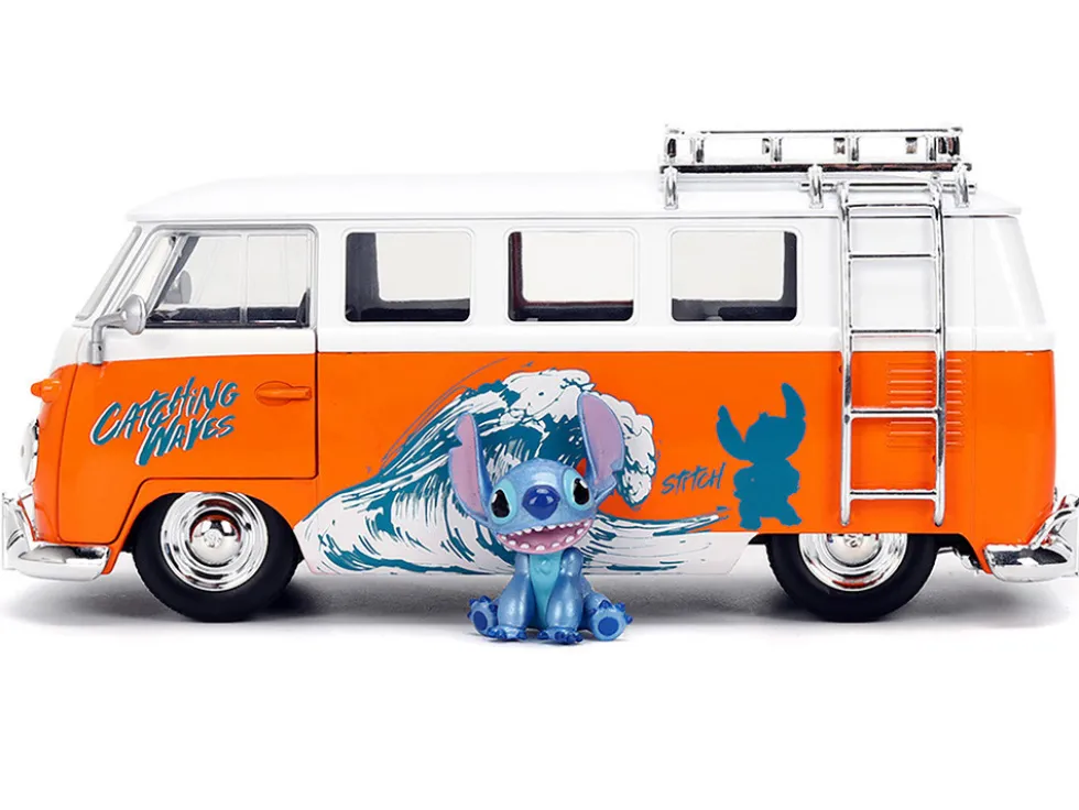 1961 Volkswagen Bus "Catching Waves" White and Orange with Stich Diecast Figure "Disney's Stitch" "Hollywood Rides" Series 1/24 Diecast Model by Jada