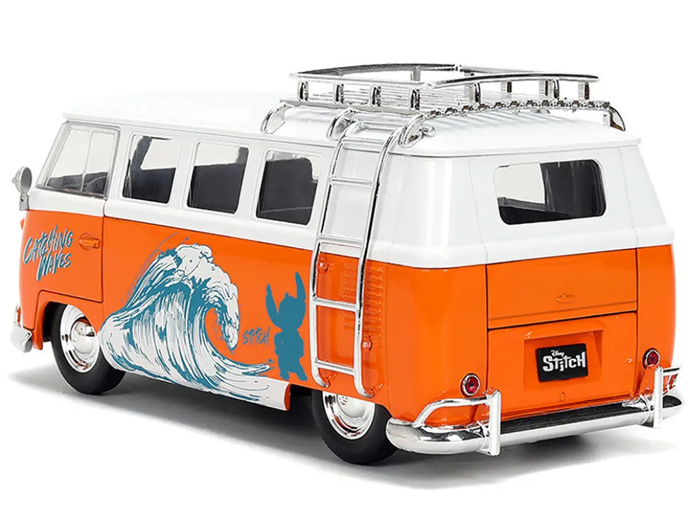 1961 Volkswagen Bus "Catching Waves" White and Orange with Stich Diecast Figure "Disney's Stitch" "Hollywood Rides" Series 1/24 Diecast Model by Jada