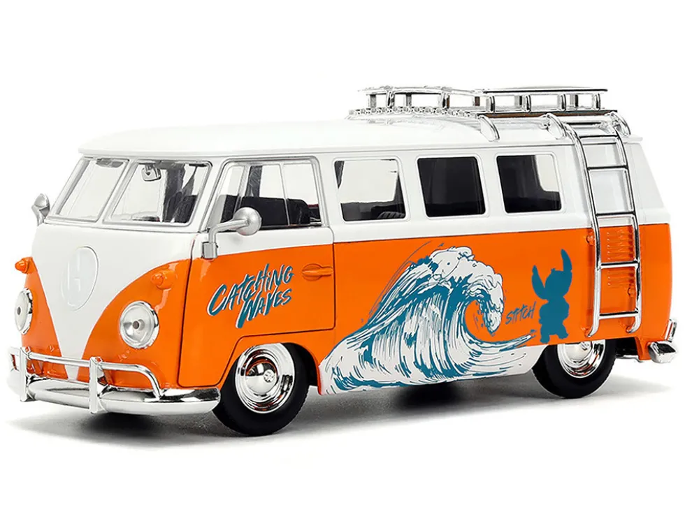 1961 Volkswagen Bus "Catching Waves" White and Orange with Stich Diecast Figure "Disney's Stitch" "Hollywood Rides" Series 1/24 Diecast Model by Jada