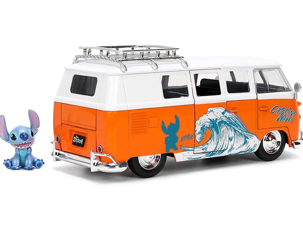 1961 Volkswagen Bus "Catching Waves" White and Orange with Stich Diecast Figure "Disney's Stitch" "Hollywood Rides" Series 1/24 Diecast Model by Jada
