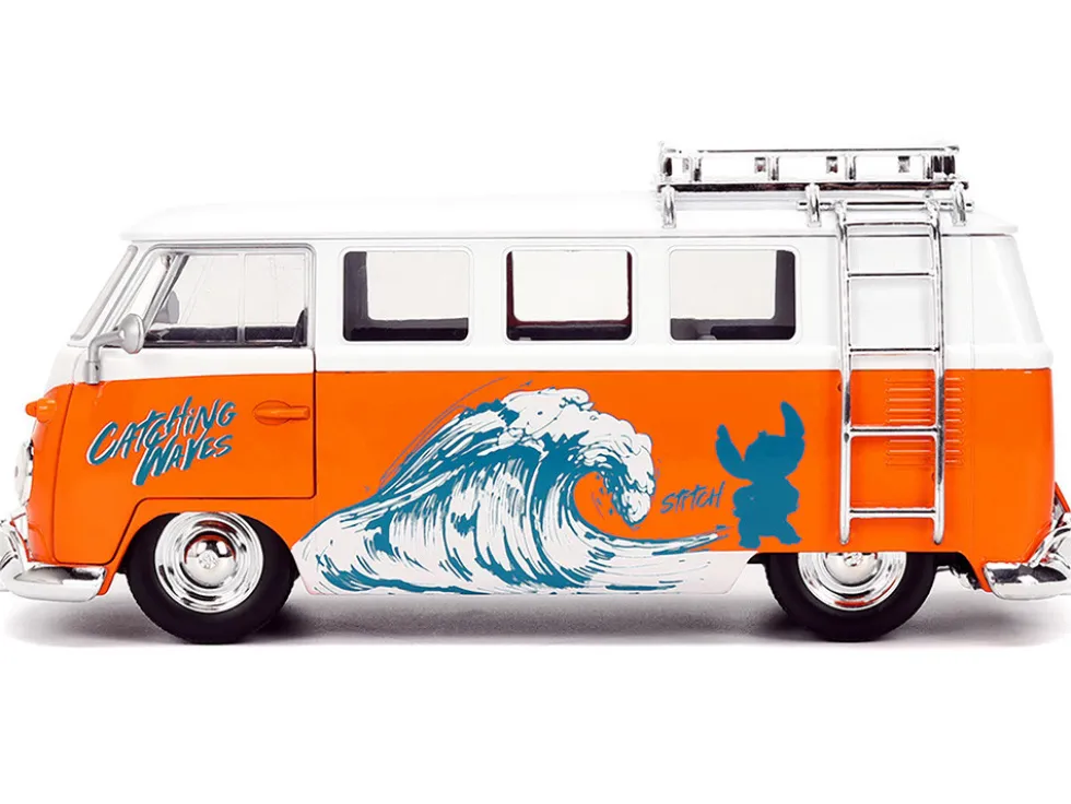 1961 Volkswagen Bus "Catching Waves" White and Orange with Stich Diecast Figure "Disney's Stitch" "Hollywood Rides" Series 1/24 Diecast Model by Jada