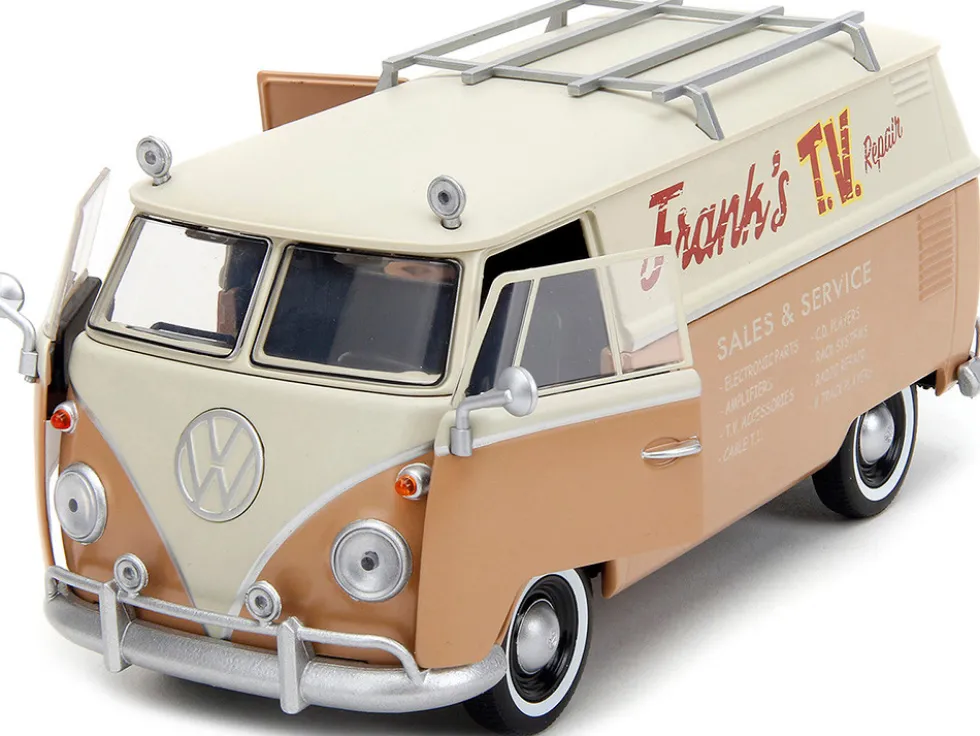 Volkswagen Bus WheelJack Tan and Beige Frank s TV Repair and Transformers Logo Diecast Statue Transformers Rise of the Beasts 2023 Movie Hollywood Rides Series 1/24 Diecast Model Car Jada 34264