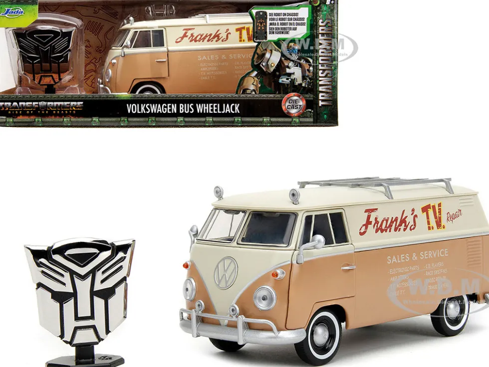 Volkswagen Bus WheelJack Tan and Beige Frank s TV Repair and Transformers Logo Diecast Statue Transformers Rise of the Beasts 2023 Movie Hollywood Rides Series 1/24 Diecast Model Car Jada 34264