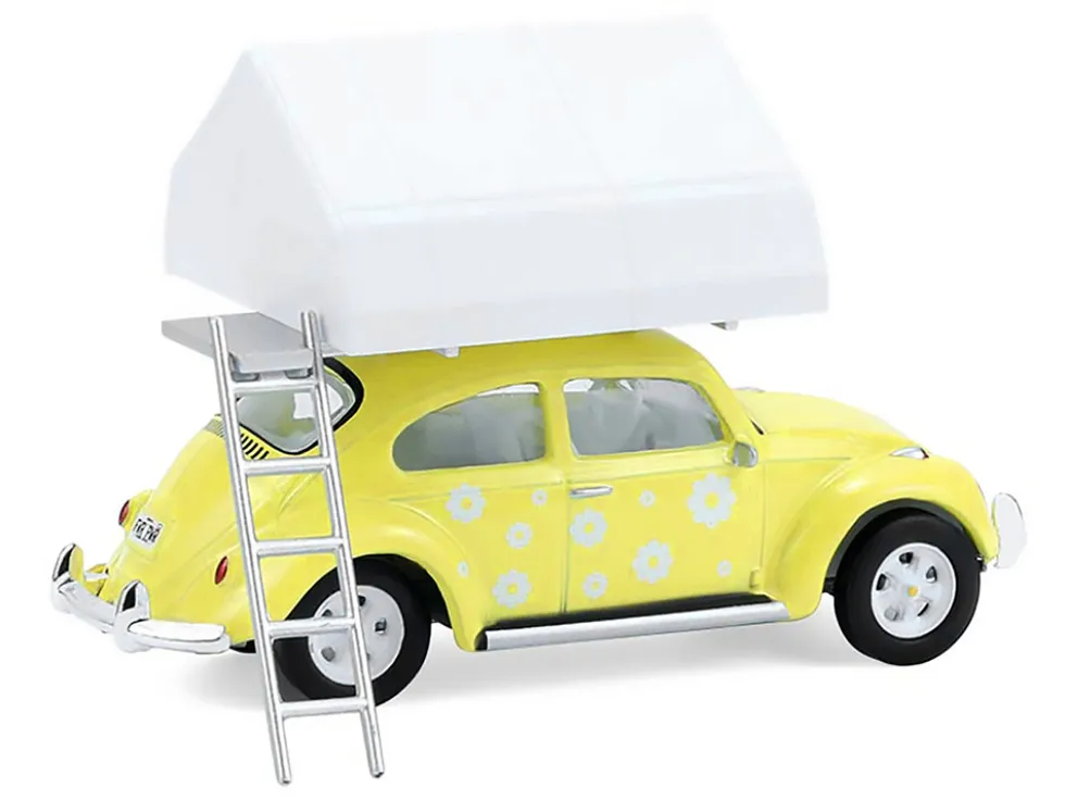 Volkswagen Classic Beetle Yellow with White Flower Graphics and Interior with Camp'otel Cartop Sleeper Tent "The Great Outdoors" Series 4 1/64 Diecast Model Car by Greenlight