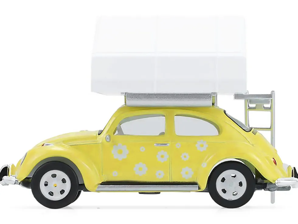 Volkswagen Classic Beetle Yellow with White Flower Graphics and Interior with Camp'otel Cartop Sleeper Tent "The Great Outdoors" Series 4 1/64 Diecast Model Car by Greenlight