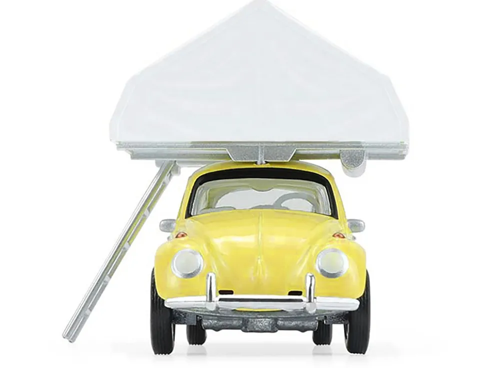 Volkswagen Classic Beetle Yellow with White Flower Graphics and Interior with Camp'otel Cartop Sleeper Tent "The Great Outdoors" Series 4 1/64 Diecast Model Car by Greenlight
