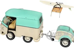 2024 Volkswagen Cool Combi Van with Trailer "Long Beach Surfing Club" Mint Green and Cream with Roof Rack and Surfboard 1/18 Diecast Model Car by Solido