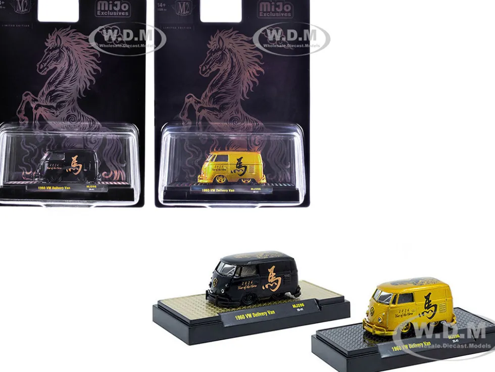 1960 Volkswagen Delivery Van Black with Graphics and 1960 Volkswagen Delivery Van Gold Metallic with Graphics "2026 Year Of The Horse" Set of 2 pieces Limited Edition to 2026 pieces Worldwide 1/64 Diecast Model Cars by M2 Machines