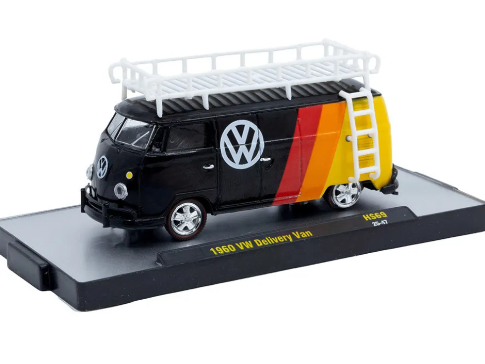 1960 Volkswagen Delivery Van Black with Stripes and White Roof Rack Limited Edition to 5280 pieces Worldwide 1/64 Diecast Model Car by M2 Machines