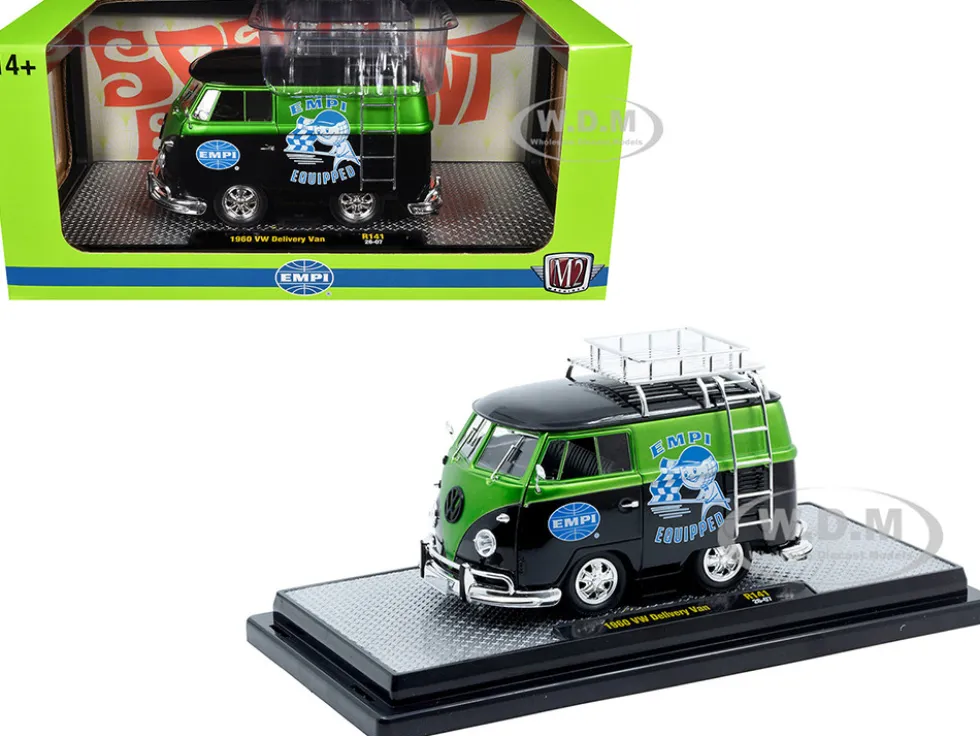 1960 Volkswagen Delivery Van "EMPI Equipped" Black and Green Metallic with Roof Rack and Ladder Limited Edition to 4050 pieces Worldwide 1/24 Diecast Model Car by M2 Machines