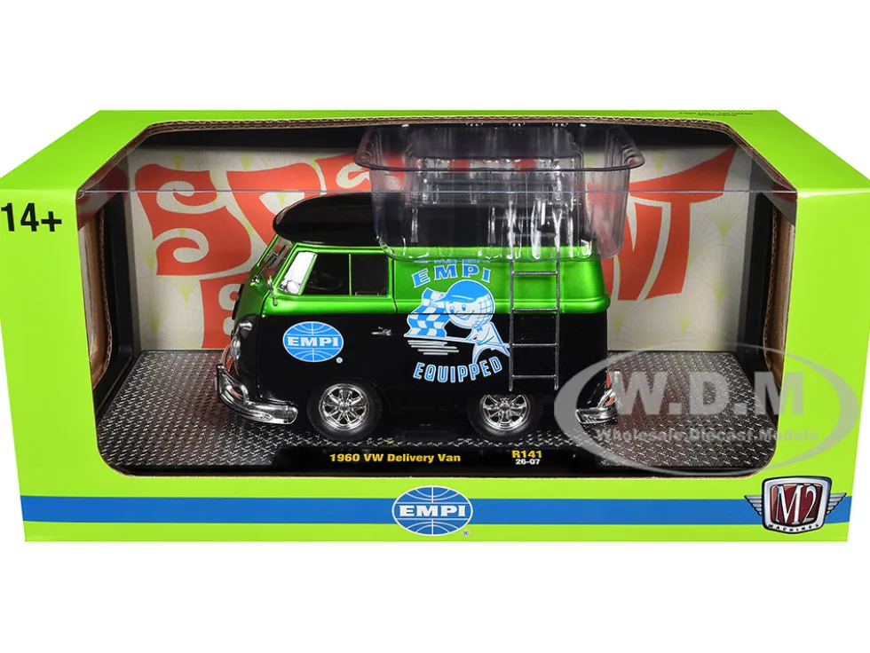 1960 Volkswagen Delivery Van "EMPI Equipped" Black and Green Metallic with Roof Rack and Ladder Limited Edition to 4050 pieces Worldwide 1/24 Diecast Model Car by M2 Machines