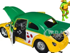 1959 Volkswagen Drag Beetle Green Yellow Michelangelo Diecast Figure Teenage Mutant Ninja Turtles Hollywood Rides Series 1/24 Diecast Model Car Jada 33741