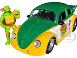 1959 Volkswagen Drag Beetle Green Yellow Michelangelo Diecast Figure Teenage Mutant Ninja Turtles Hollywood Rides Series 1/24 Diecast Model Car Jada 33741