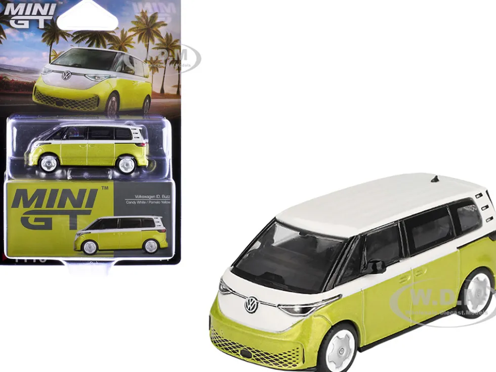Volkswagen ID. Buzz Van Pomelo Yellow Metallic and Candy White Limited Edition 1/64 Diecast Model Car by Mini GT