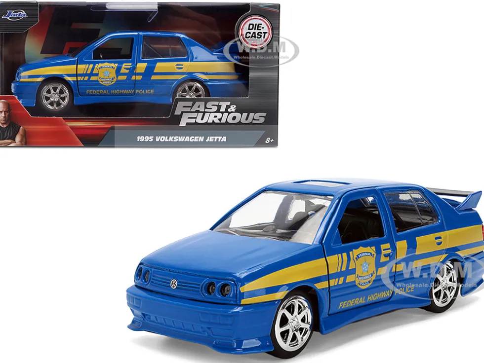 Volkswagen Jetta Police Vehicle "Rio Federal Highway Police" Blue with Yellow Stripes "Fast Five" (2011) Movie "Fast & Furious" Series 1/32 Diecast Model Car by Jada