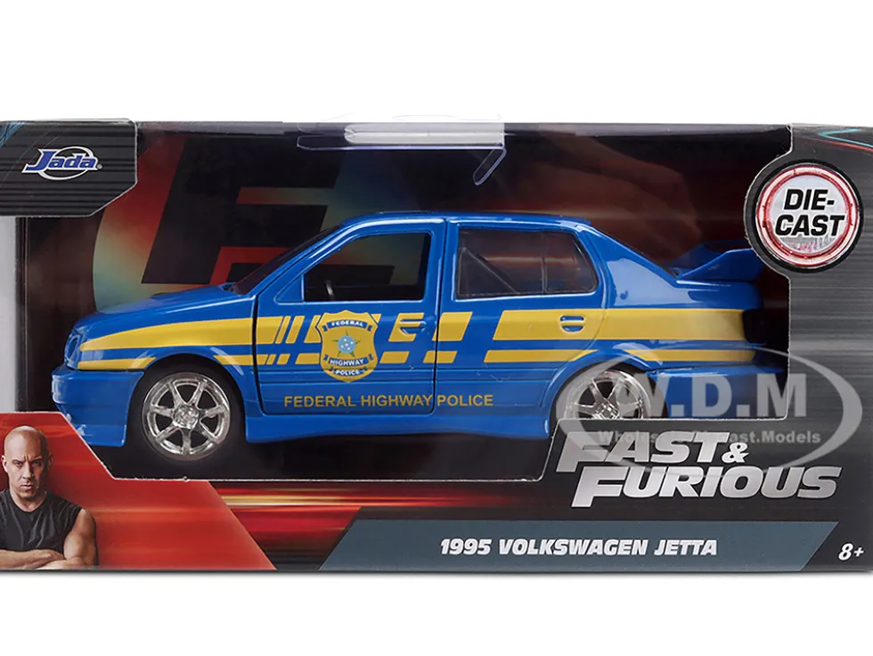 Volkswagen Jetta Police Vehicle "Rio Federal Highway Police" Blue with Yellow Stripes "Fast Five" (2011) Movie "Fast & Furious" Series 1/32 Diecast Model Car by Jada