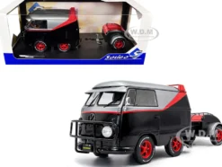 2024 Volkswagen Kool Kombi Sport Van with Trailer Black and Silver with Red Stripe 1/18 Diecast Model Car by Solido