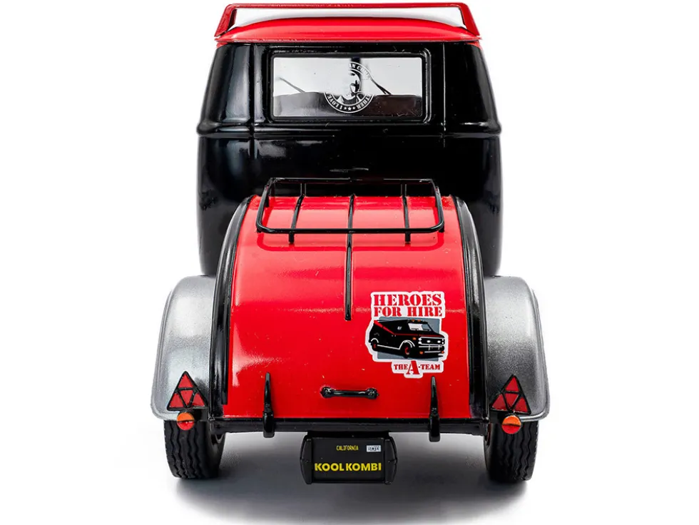 2024 Volkswagen Kool Kombi Sport Van with Trailer Black and Silver with Red Stripe 1/18 Diecast Model Car by Solido