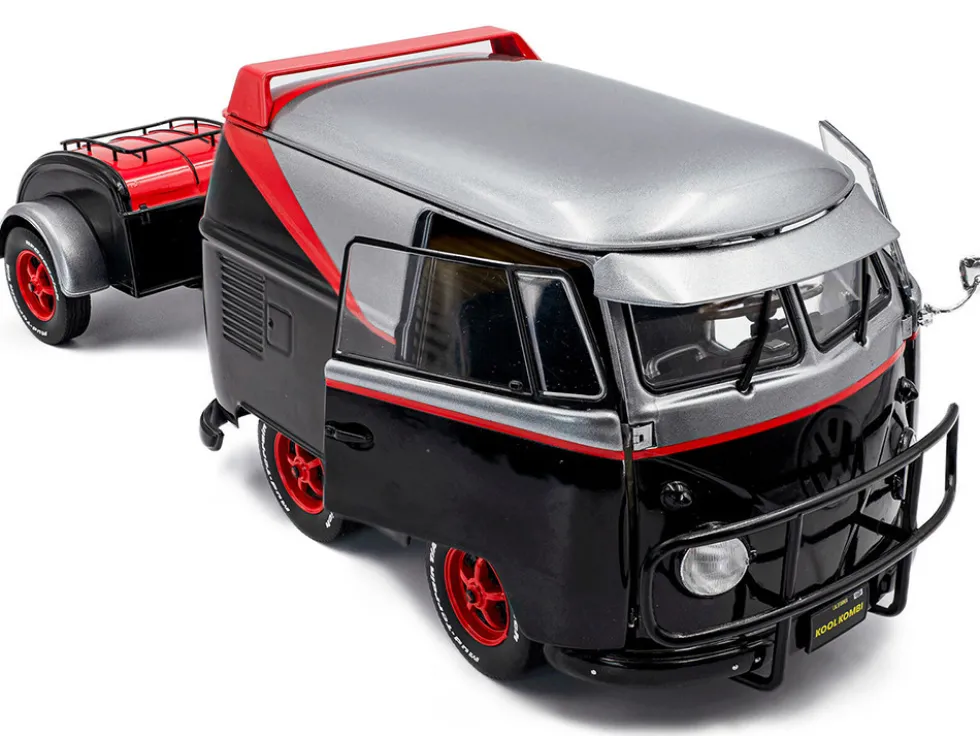 2024 Volkswagen Kool Kombi Sport Van with Trailer Black and Silver with Red Stripe 1/18 Diecast Model Car by Solido