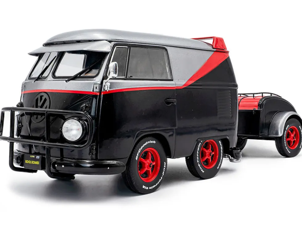 2024 Volkswagen Kool Kombi Sport Van with Trailer Black and Silver with Red Stripe 1/18 Diecast Model Car by Solido