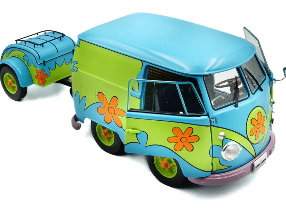 2024 Volkswagen Kool Kombi Van with Trailer "Ghost Hunter" Blue and Green with Graphics 1/18 Diecast Model Car by Solido