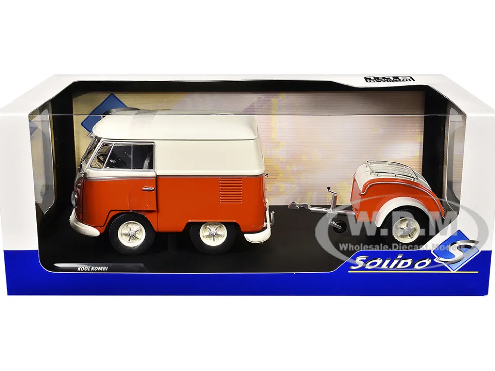 1950 Volkswagen Kool Kombi Van with Trailer Orange and White 1/18 Diecast Model Car by Solido