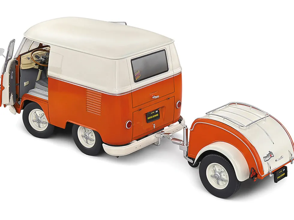 1950 Volkswagen Kool Kombi Van with Trailer Orange and White 1/18 Diecast Model Car by Solido