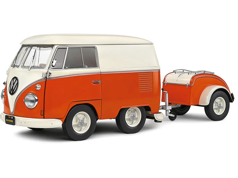 1950 Volkswagen Kool Kombi Van with Trailer Orange and White 1/18 Diecast Model Car by Solido