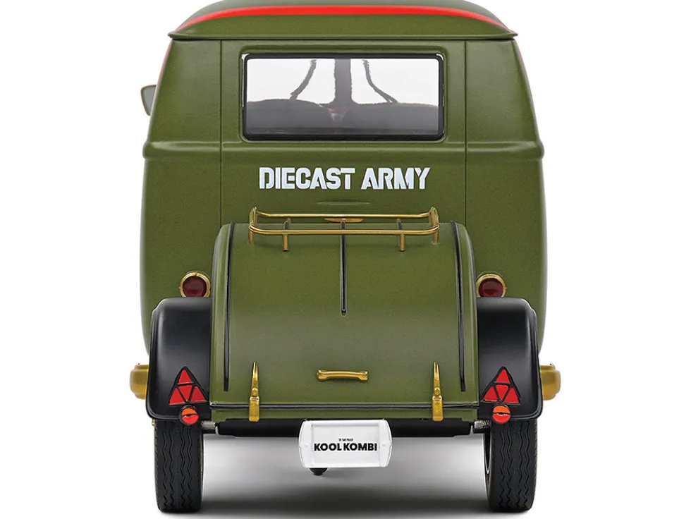 1950 Volkswagen Kool Kombi Van with Trailer "Army Fighter" Green with Graphics 1/18 Diecast Model Car by Solido