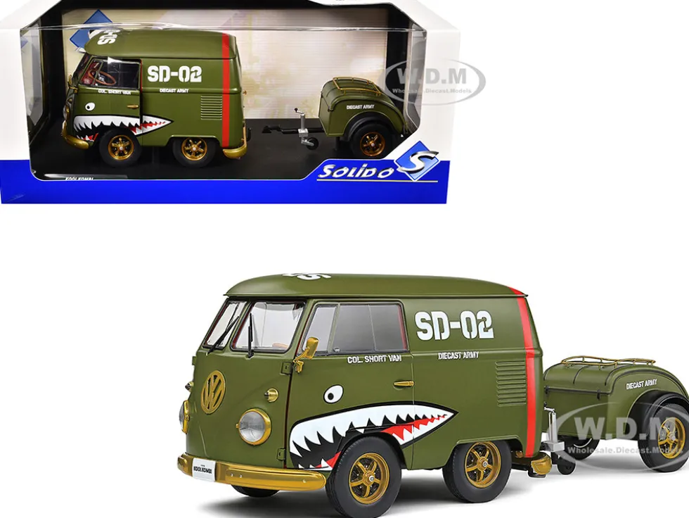 1950 Volkswagen Kool Kombi Van with Trailer "Army Fighter" Green with Graphics 1/18 Diecast Model Car by Solido