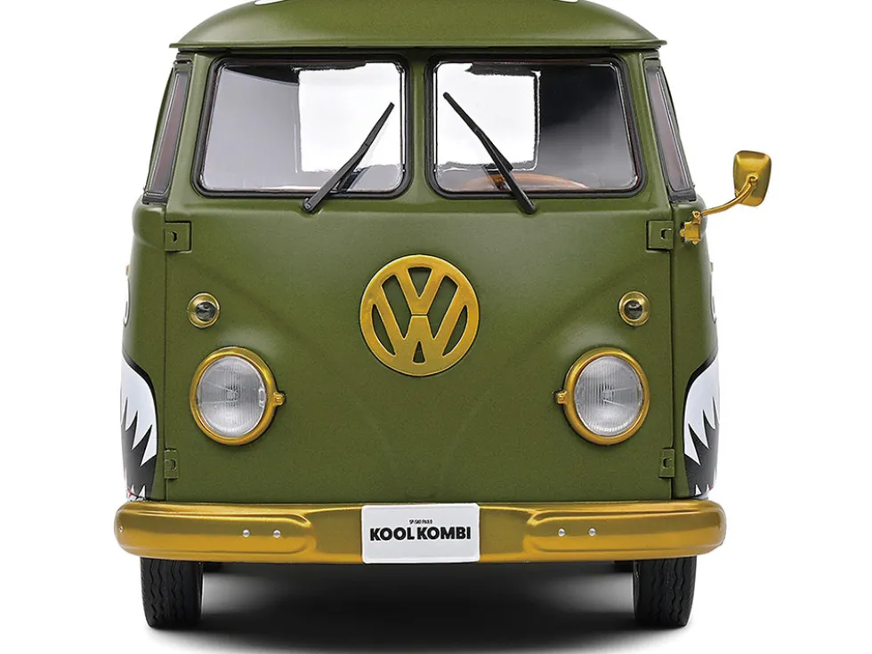 1950 Volkswagen Kool Kombi Van with Trailer "Army Fighter" Green with Graphics 1/18 Diecast Model Car by Solido