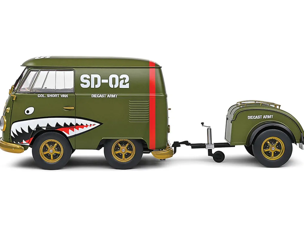 1950 Volkswagen Kool Kombi Van with Trailer "Army Fighter" Green with Graphics 1/18 Diecast Model Car by Solido