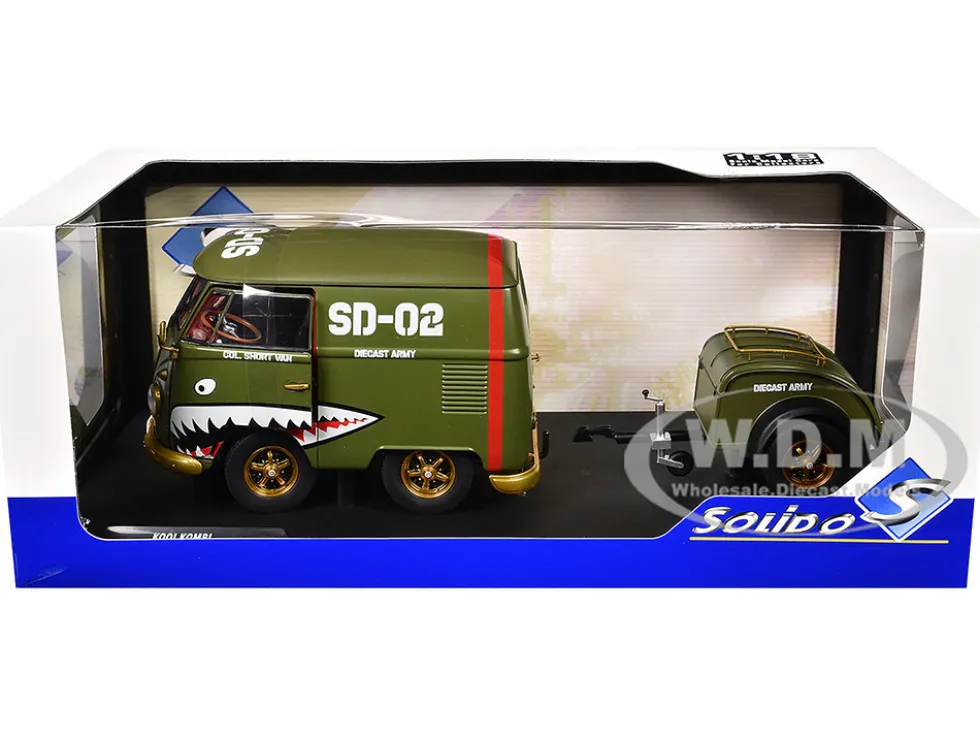 1950 Volkswagen Kool Kombi Van with Trailer "Army Fighter" Green with Graphics 1/18 Diecast Model Car by Solido