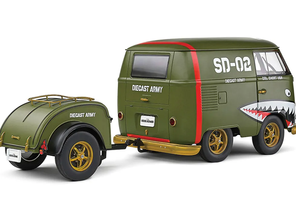 1950 Volkswagen Kool Kombi Van with Trailer "Army Fighter" Green with Graphics 1/18 Diecast Model Car by Solido